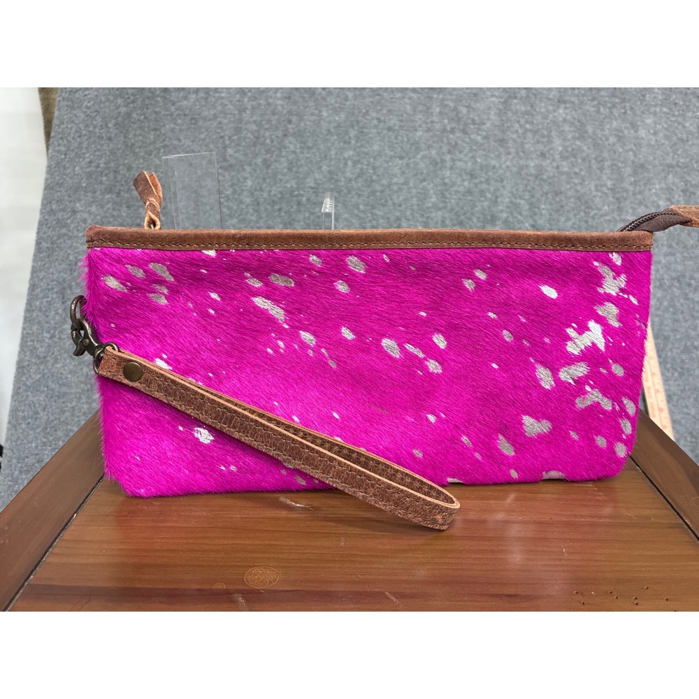 American Darling Hot Pink Cowhide Metallic Silver Acid Wash Wristlet Clutch Bag